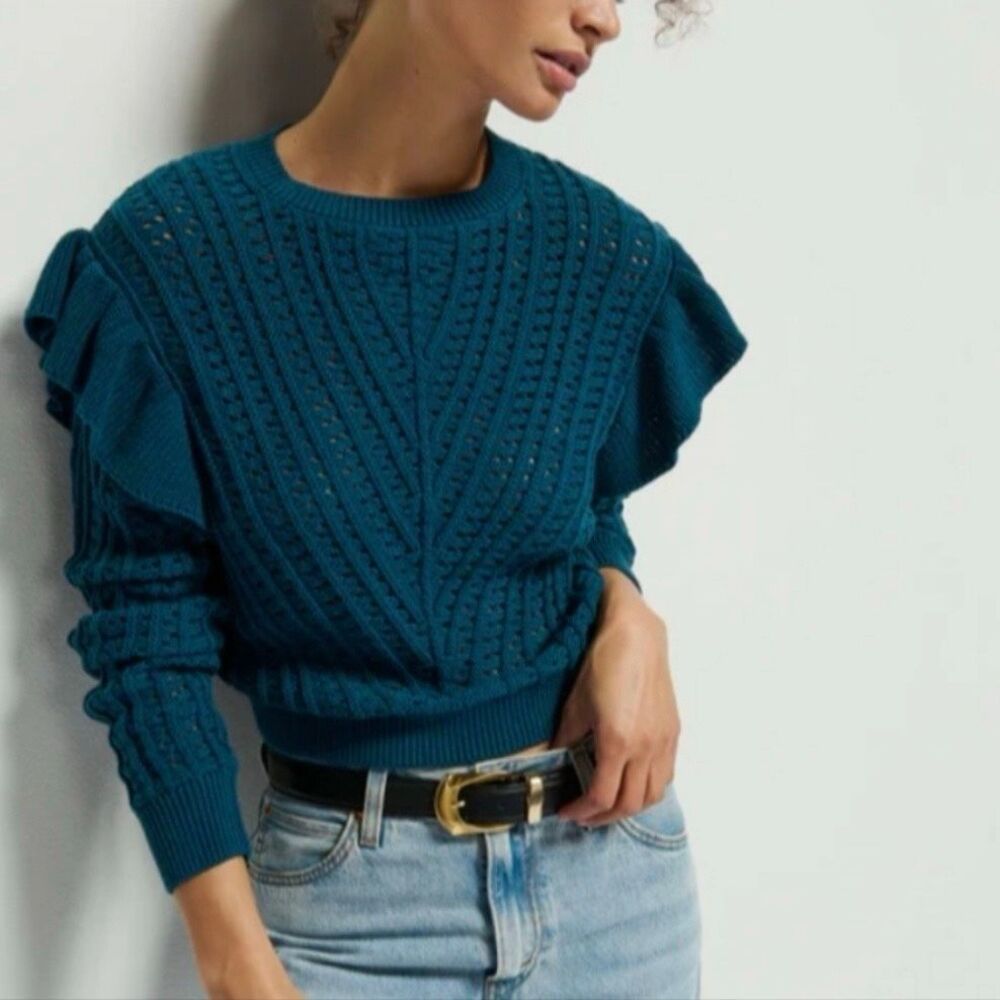Nation LA, Kay Pullover Knit Sweater Pima Cotton Ruffle Italian Sea Women’s XS